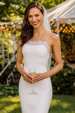 Witte kanten spaghettibandjes Bodycon Midi trouwjurk