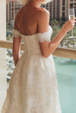 Kanten witte off the shoulder A-lijn trouwjurk