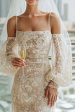 Kanten abrikozenschede Cold Shoulder lange trouwjurk met mouwen