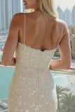 Spakly Ivory Spaghetti Straps Sequins Bodycon Trouwjurk