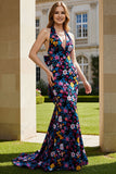 Halter Zwarte Bloem Zeemeermin Lange Promenade Jurk met Strik