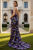 Halter Zwarte Bloem Zeemeermin Lange Promenade Jurk met Strik