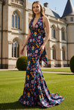 Halter Zwarte Bloem Zeemeermin Lange Promenade Jurk met Strik