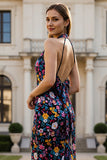 Halter Zwarte Bloem Zeemeermin Lange Promenade Jurk met Strik