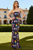 Zwarte Bloem strapless schede Convertible Long Gala jurk