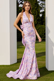Halter Zeemeermin Lila Bloemen Lange Promenade Jurk met Strik