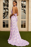 Halter Zeemeermin Lila Bloemen Lange Promenade Jurk met Strik