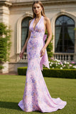 Halter Zeemeermin Lila Bloemen Lange Promenade Jurk met Strik