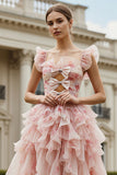 Blushbloemen met ruches A-lijn lange baljurk met strikken
