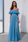 Blauwe Off the Shoulder gerimpelde Een lijn lange bruidsmeisjesjurk met split