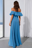 Blauwe Off the Shoulder gerimpelde Een lijn lange bruidsmeisjesjurk met split