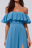 Blauwe Off the Shoulder gerimpelde Een lijn lange bruidsmeisjesjurk met split