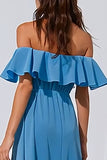 Blauwe Off the Shoulder gerimpelde Een lijn lange bruidsmeisjesjurk met split