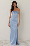 Hemelsblauwe strapless schede lange bruidsmeisjesjurk met split