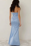 Hemelsblauwe strapless schede lange bruidsmeisjesjurk met split