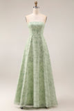 Stoffige salie Bloemen Strapless A-lijn lange bruidsmeisjesjurk