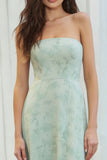 Stoffige salie Bloemen Strapless A-lijn lange bruidsmeisjesjurk