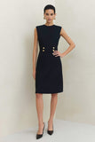 Eenvoudige zwarte ronde hals midi werkjurk met een sheath