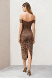 Bruine luipaard off-the-shoulder bodycon midi werkjurk met split achter
