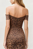 Bruine luipaard off-the-shoulder bodycon midi werkjurk met split achter