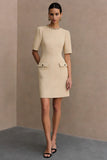 Ivoor satijnen ronde hals bodycon korte werkjurk met zakken