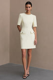 Ivoor satijnen ronde hals bodycon korte werkjurk met zakken