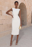 Ivoor satijn Bodycon Bodycon dubbelgeknoopte midi werkjurk met een ivoor satijn rond hals