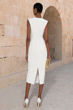 Ivoor satijn Bodycon Bodycon dubbelgeknoopte midi werkjurk met een ivoor satijn rond hals