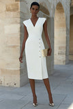 Ivoor satijn V-hals bodycon enkelvoudige midi werkjurk