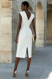 Ivoor satijn V-hals bodycon enkelvoudige midi werkjurk