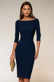 Navy Bodycon Bateau Neck Midi werkjurk met 3/4 mouwen