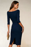 Navy Bodycon Bateau Neck Midi werkjurk met 3/4 mouwen