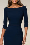 Navy Bodycon Bateau Neck Midi werkjurk met 3/4 mouwen