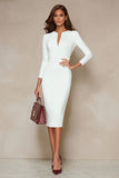 Ivory Bodycon midi werkjurk met ronde hals en 3/4 mouwen