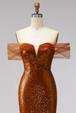 Bronzen off-the-shoulder zeemeerminpailletten V-hals galajurk met gezwaaide sleep