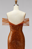 Bronzen off-the-shoulder zeemeerminpailletten V-hals galajurk met gezwaaide sleep