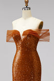 Bronzen off-the-shoulder zeemeerminpailletten V-hals galajurk met gezwaaide sleep