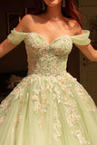 Groene off-the-shoulder baljurk met appliquatie Quinceañera jurk