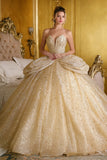 Glinsterende gouden strapless baljurk Quinceañera jurk