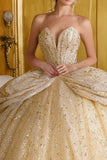 Glinsterende gouden strapless baljurk Quinceañera jurk