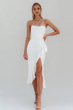 Witte strapless bodycon midi geruffelde vrijgezellenjurk met split