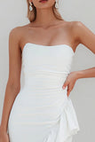 Witte strapless bodycon midi geruffelde vrijgezellenjurk met split