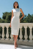 Witte Bodycon satijnen Bateau hals midi verlovingsjurk