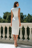 Witte Bodycon satijnen Bateau hals midi verlovingsjurk
