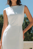 Witte Bodycon satijnen Bateau hals midi verlovingsjurk