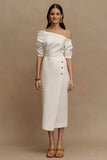 Off-the-shoulder ivoorkleurige satijnen midi verlovingsjurk