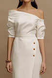 Off-the-shoulder ivoorkleurige satijnen midi verlovingsjurk