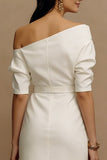 Off-the-shoulder ivoorkleurige satijnen midi verlovingsjurk