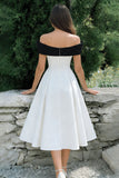 Witte A-lijn off-the-shoulder midi verlovingsjurk met strik
