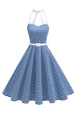 Halter Polka Dots Koninklijk Blauw A-lijn jurk uit de jaren 50